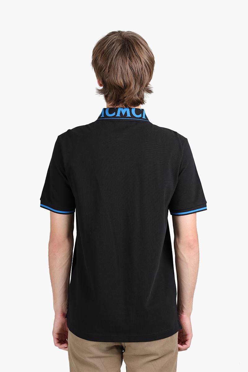 MCM Men Straight Hem Polo Shirt in Black/Blue with Logo Print on Collar 1