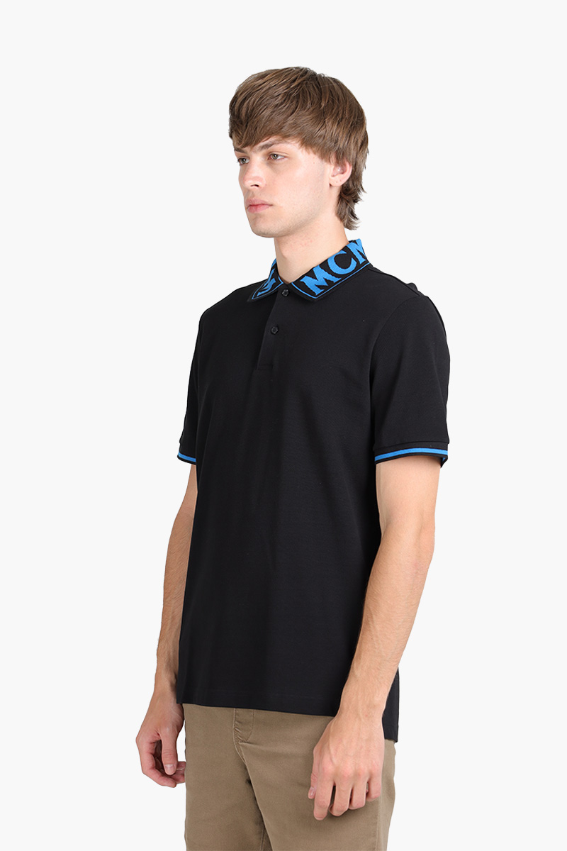 MCM Men Straight Hem Polo Shirt in Black/Blue with Logo Print on Collar 2