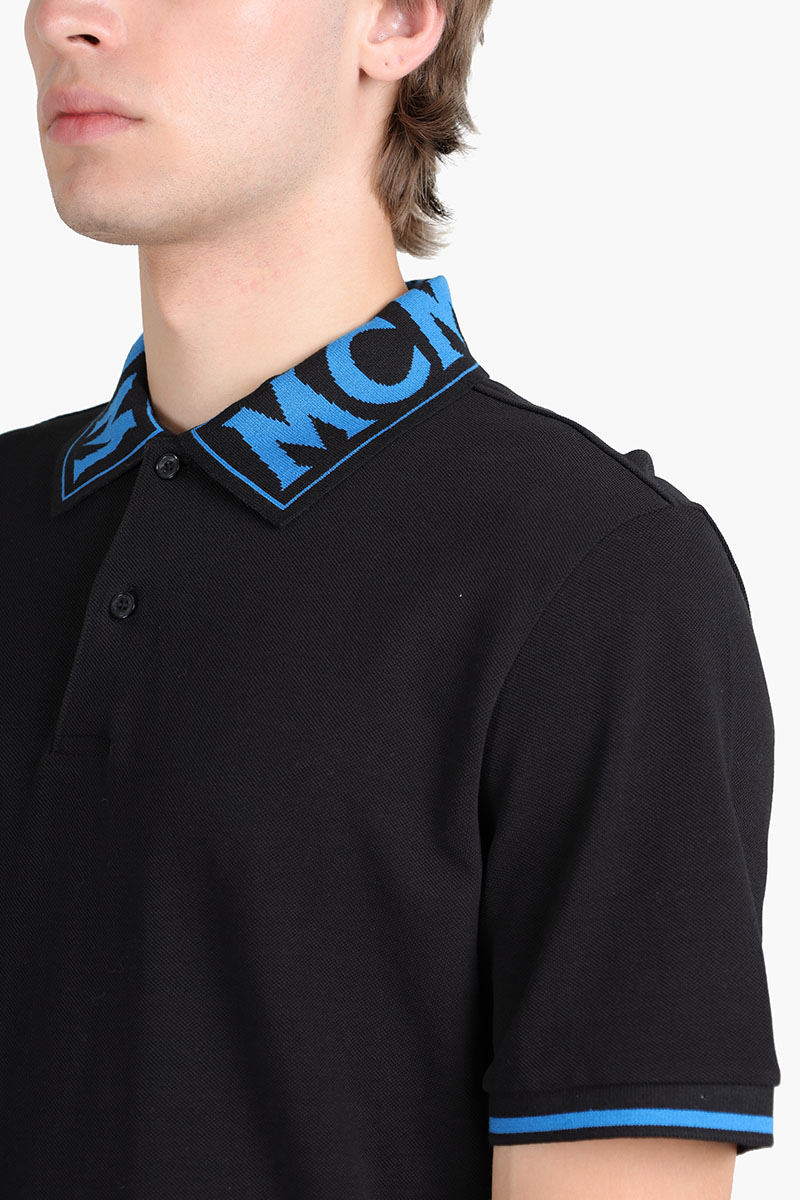 MCM Men Straight Hem Polo Shirt in Black/Blue with Logo Print on Collar 3