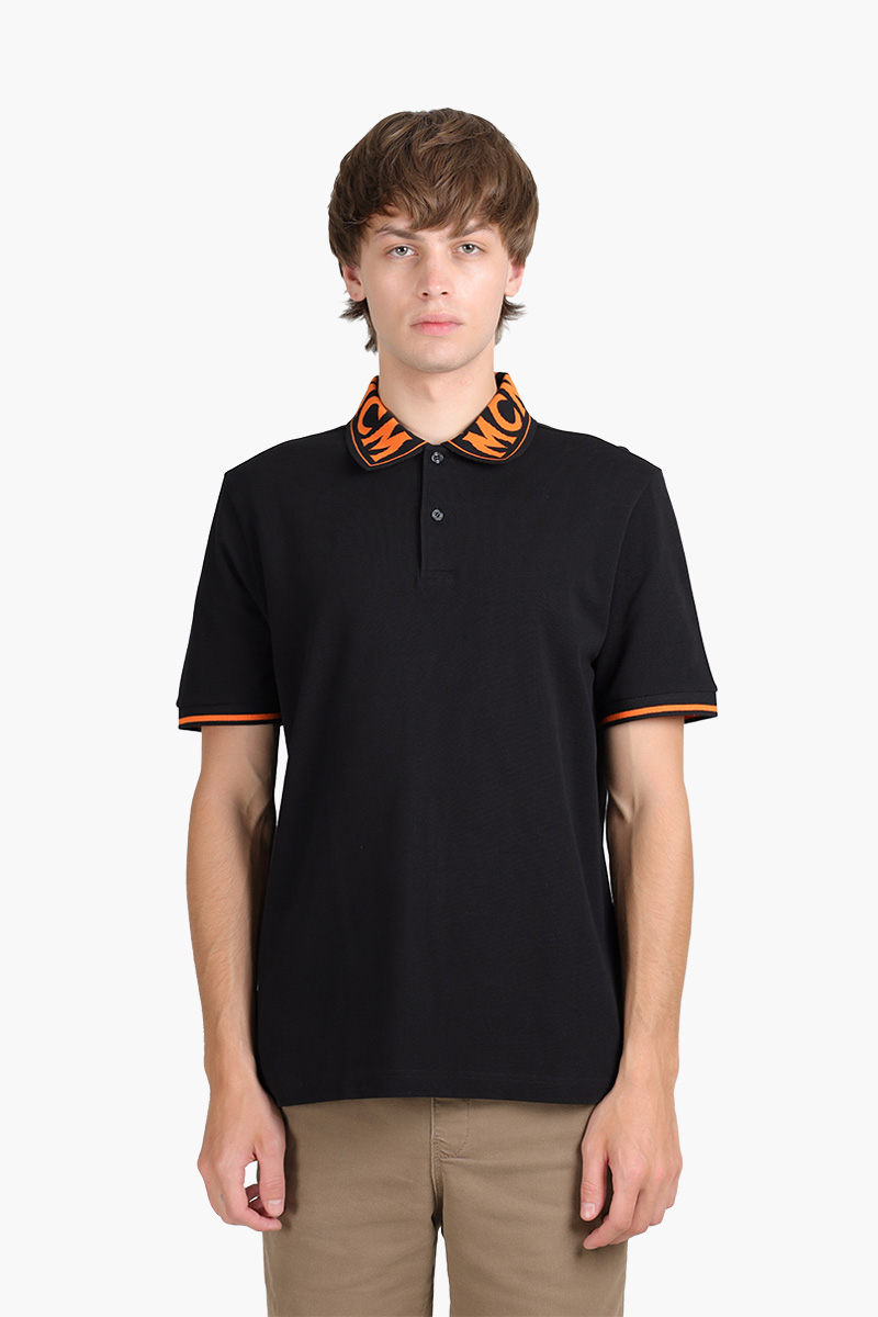 MCM Men Straight Hem Polo Shirt in Black/Orange with Logo Print on Collar 0