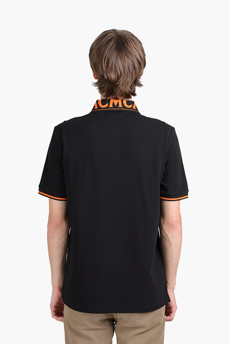 MCM Men Straight Hem Polo Shirt in Black/Orange with Logo Print on Collar 1