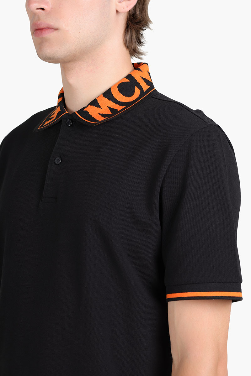 MCM Men Straight Hem Polo Shirt in Black/Orange with Logo Print on Collar 3