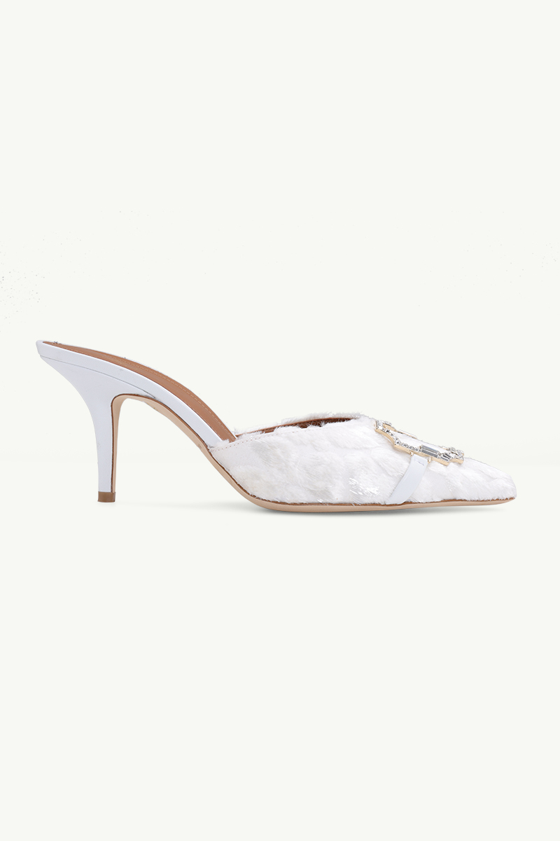 MALONE SOULIERS Missy Stiletto Mules 70mm in White/White Denim Flocked Satin 0