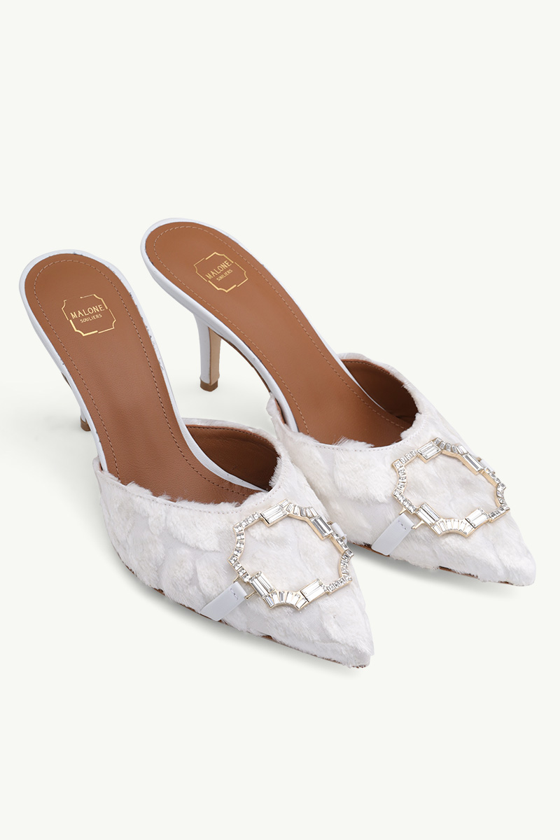 MALONE SOULIERS Missy Stiletto Mules 70mm in White/White Denim Flocked Satin 1
