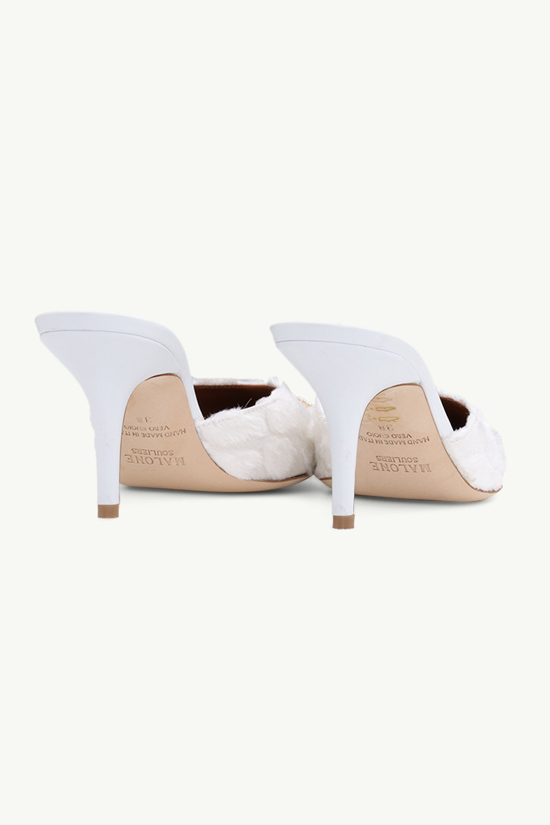 MALONE SOULIERS Missy Stiletto Mules 70mm in White/White Denim Flocked Satin 2