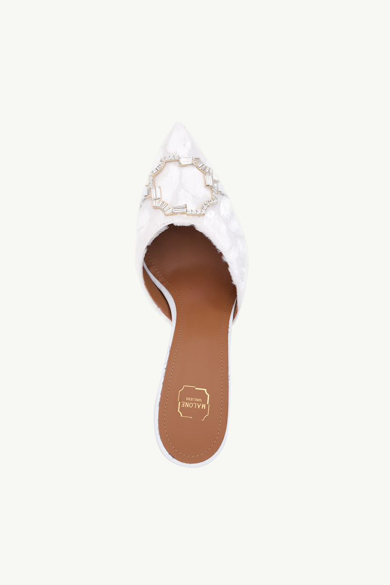 MALONE SOULIERS Missy Stiletto Mules 70mm in White/White Denim Flocked Satin 3