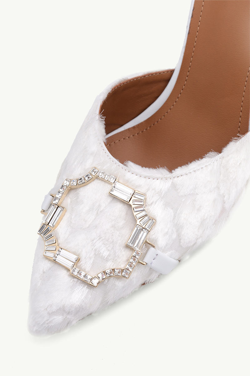 MALONE SOULIERS Missy Stiletto Mules 70mm in White/White Denim Flocked Satin 4