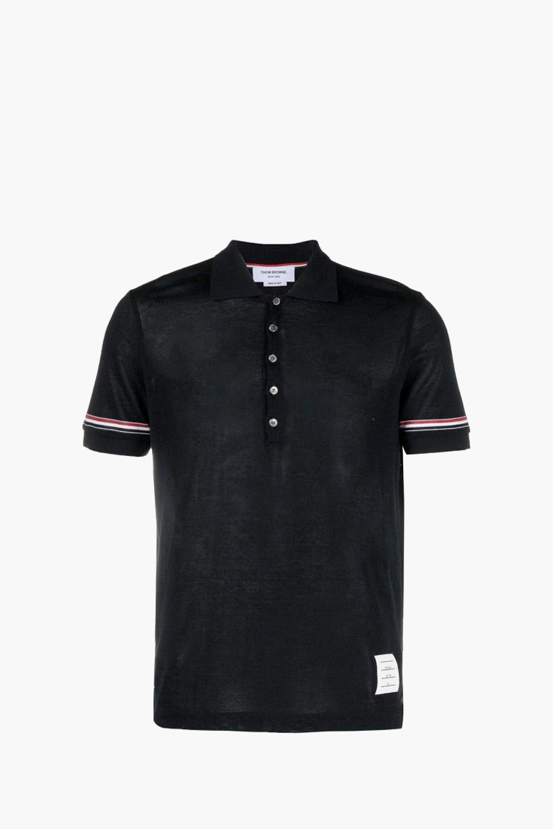 THOM BROWNE Men Knit RWB Stripe Polo Shirt in Navy Lightweight Cotton 0