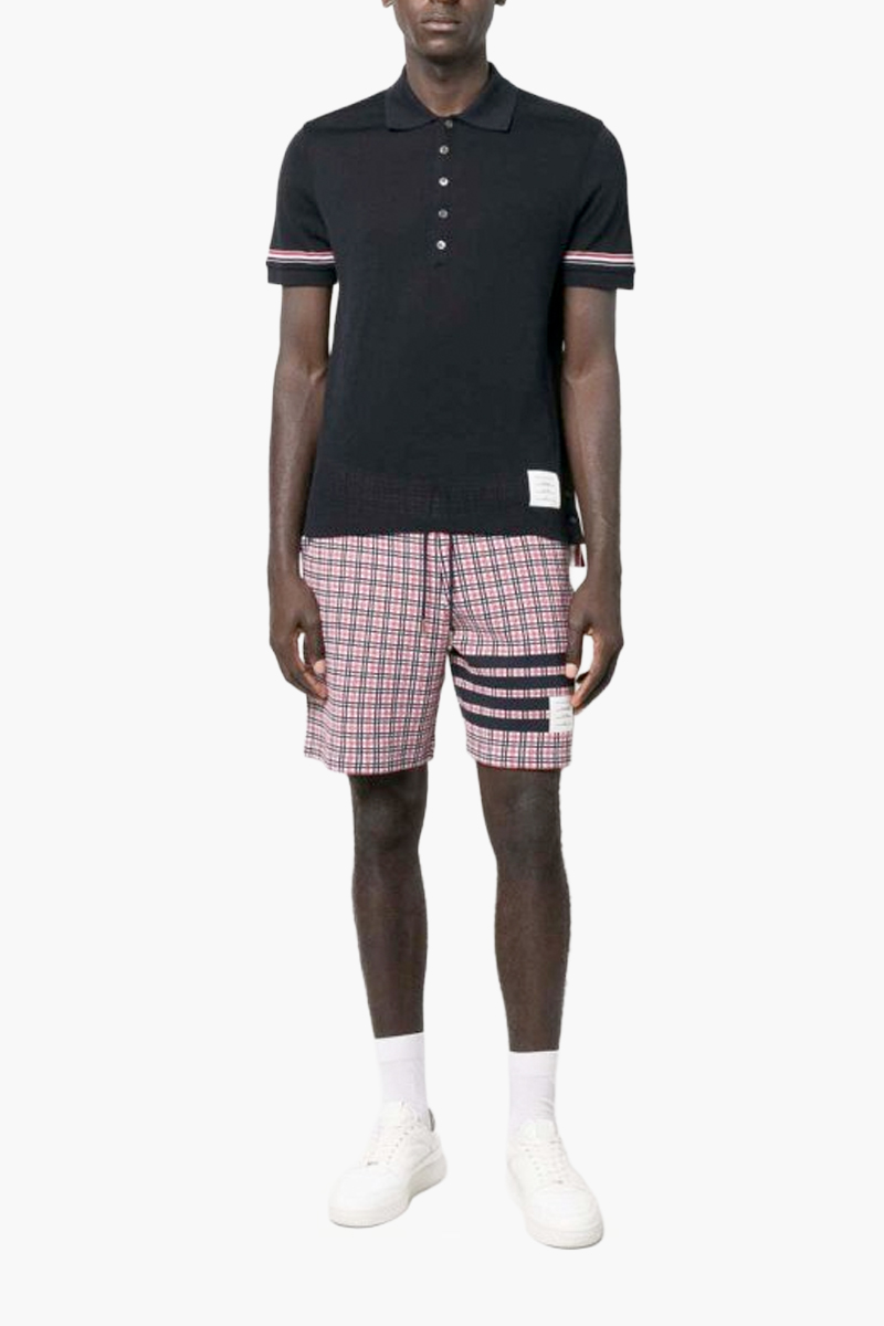 THOM BROWNE Men Knit RWB Stripe Polo Shirt in Navy Lightweight Cotton 1