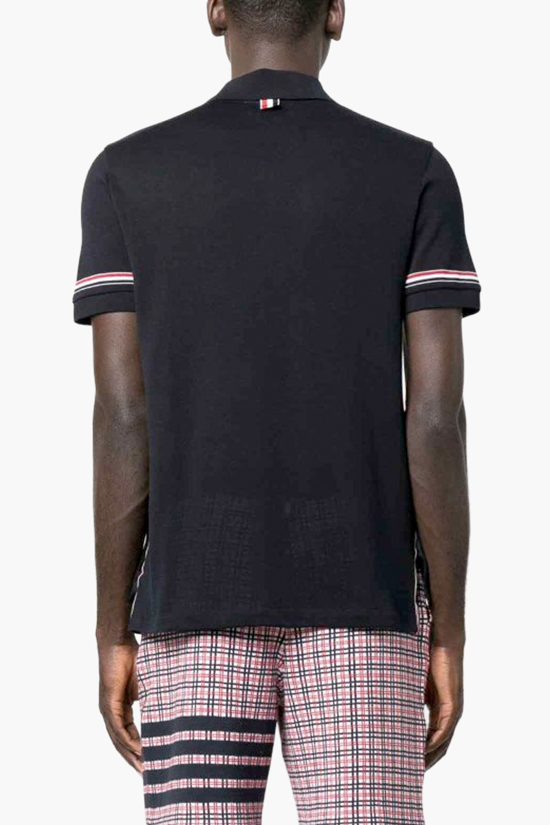 THOM BROWNE Men Knit RWB Stripe Polo Shirt in Navy Lightweight Cotton 2