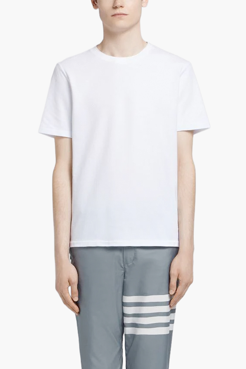 THOM BROWNE Men Center Back Stripe Pique T-Shirt in White Cotton 2