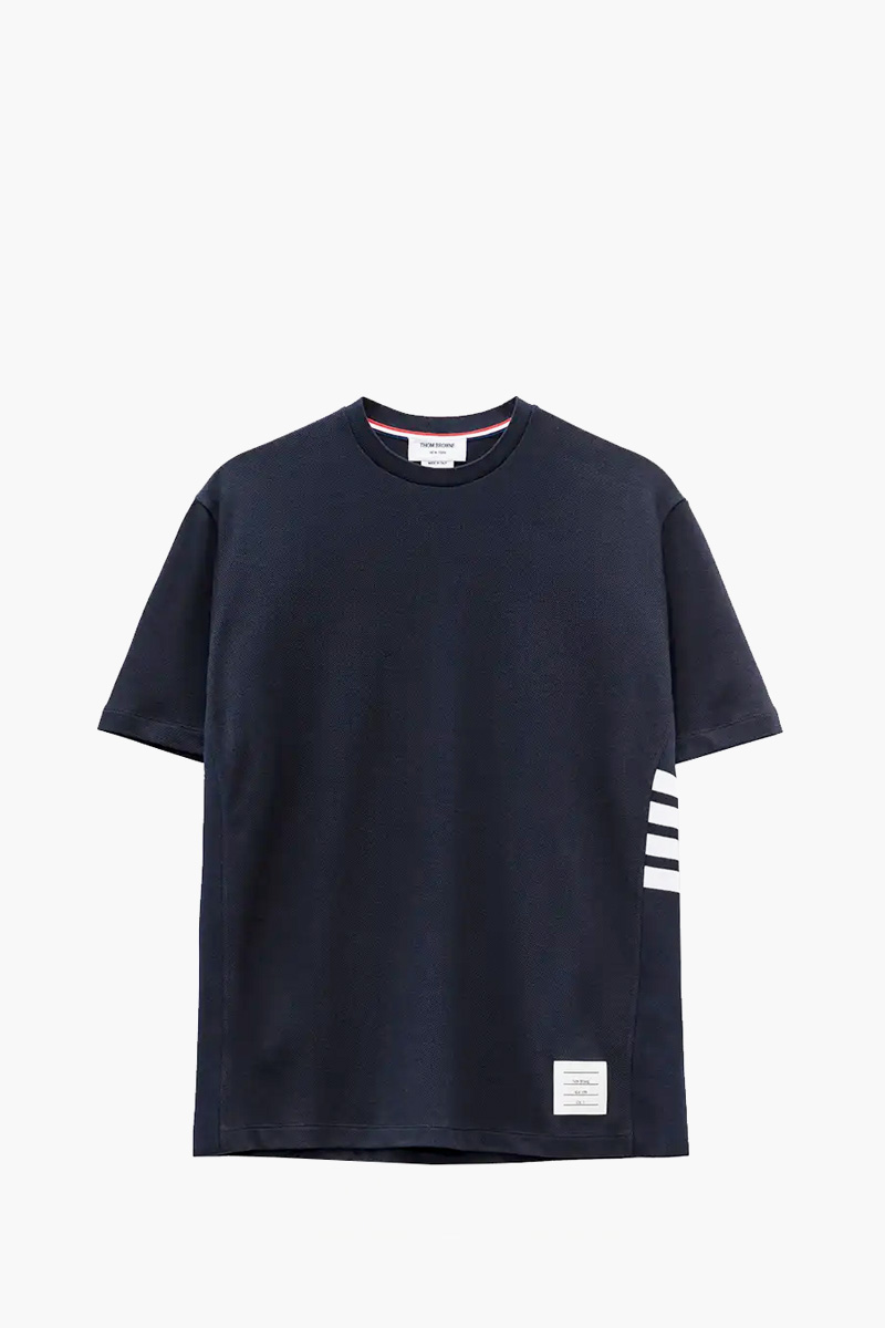 THOM BROWNE Men Logo Pique 4-Bar T-Shirt in Navy Cotton 0