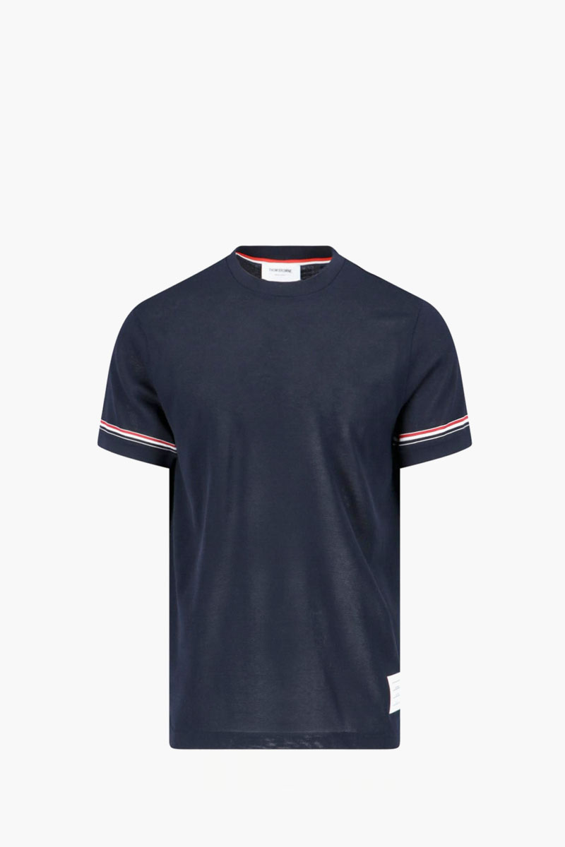 THOM BROWNE Men Short Sleeve Striped Tee in Navy Lightweight Cotton with RWB Stripe 0