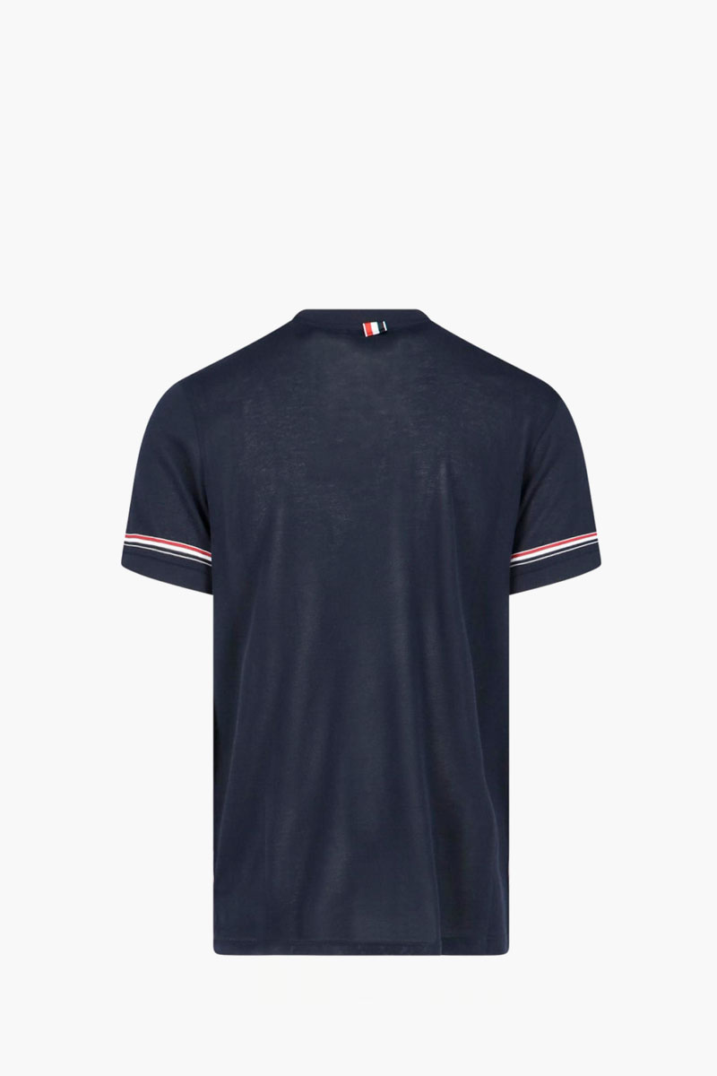 THOM BROWNE Men Short Sleeve Striped Tee in Navy Lightweight Cotton with RWB Stripe 1