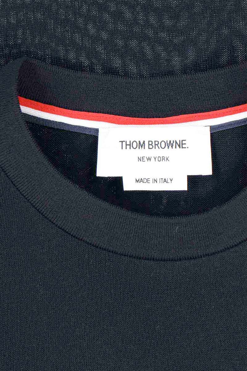THOM BROWNE Men Short Sleeve Striped Tee in Navy Lightweight Cotton with RWB Stripe 2