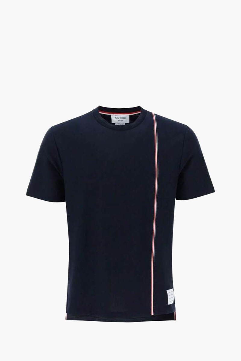 THOM BROWNE Men Side Slits Webing T-Shirt in Navy Cotton 0