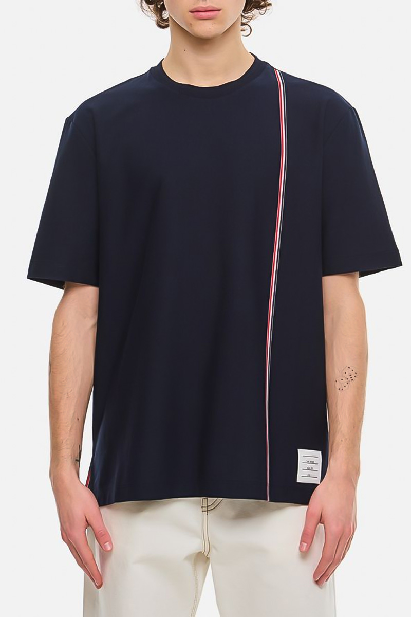 THOM BROWNE Men Side Slits Webing T-Shirt in Navy Cotton 1