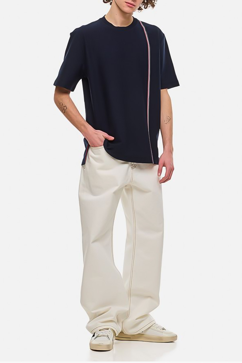 THOM BROWNE Men Side Slits Webing T-Shirt in Navy Cotton 4