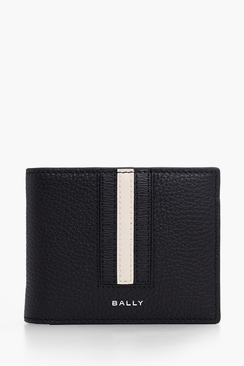 BALLY Ribbon Bi-Fold Wallet in Black/Black/White Grained Calf Leather 0