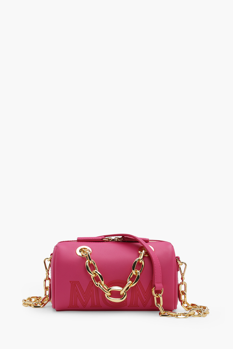 MCM Mini Boston Chain Shoulder Bag in Beetroot Purple with Embossed Logo 0