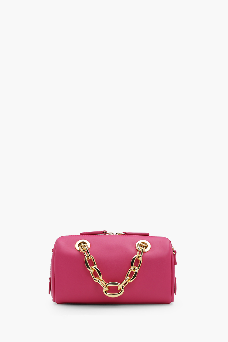 MCM Mini Boston Chain Shoulder Bag in Beetroot Purple with Embossed Logo 1