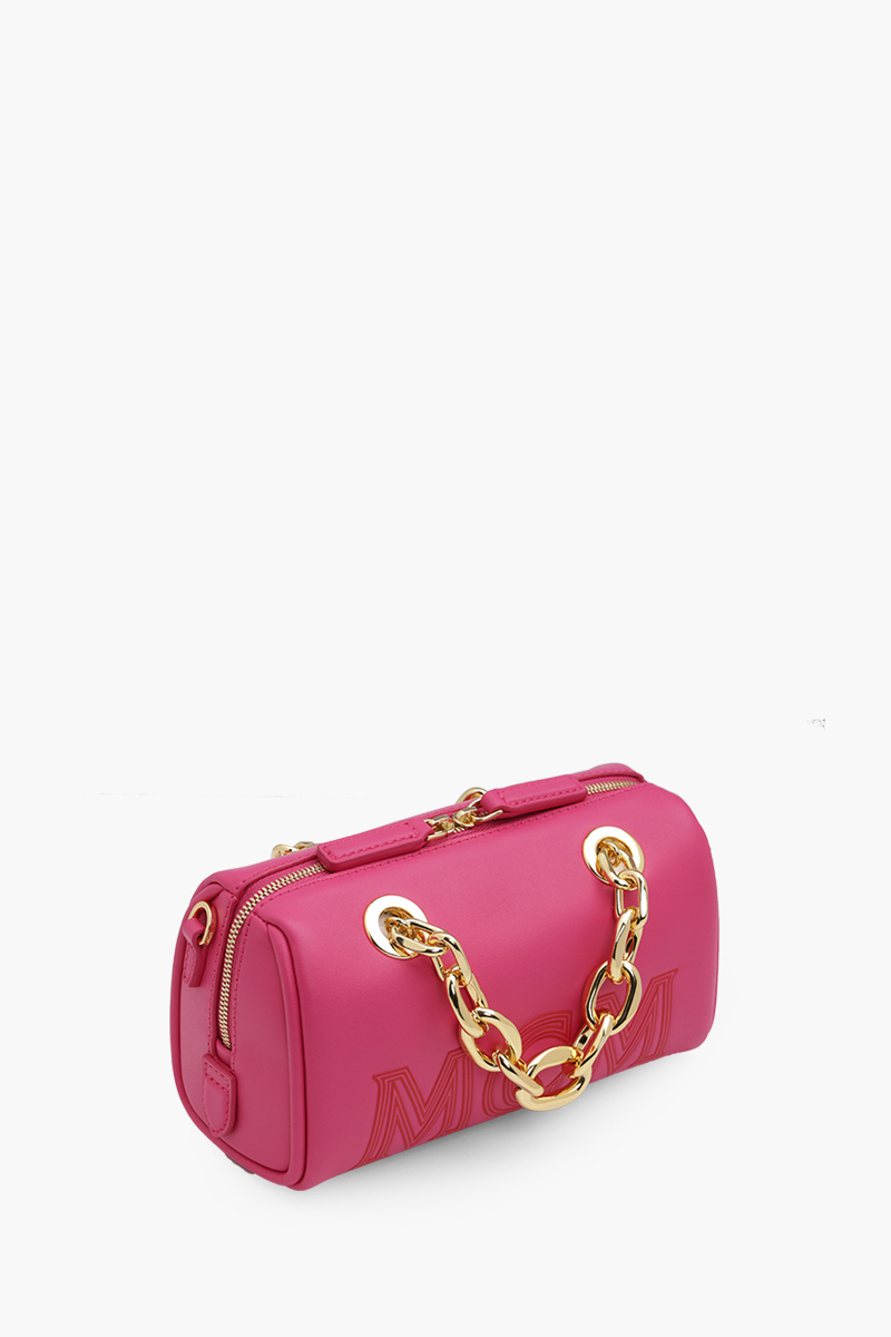 MCM Mini Boston Chain Shoulder Bag in Beetroot Purple with Embossed Logo 2