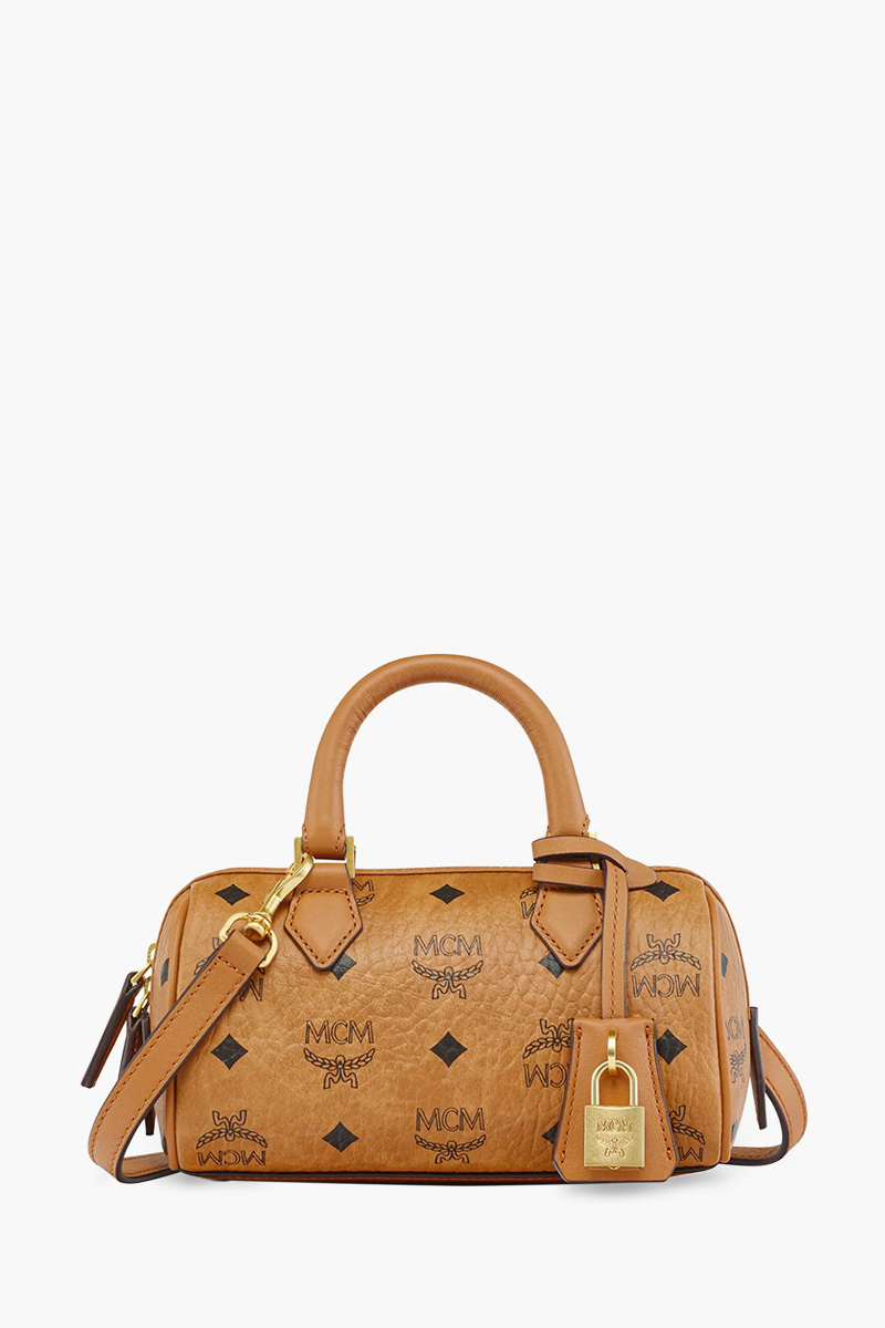 MCM Mini Ella Visetos Boston Shoulder Bag in Cognac 0