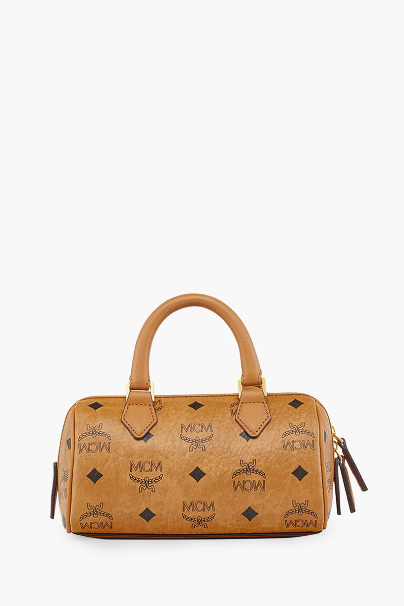 MCM Mini Ella Visetos Boston Shoulder Bag in Cognac 1