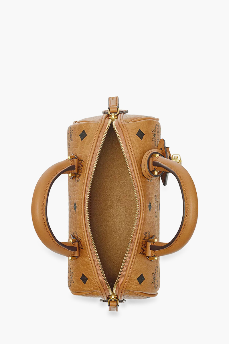 MCM Mini Ella Visetos Boston Shoulder Bag in Cognac 2
