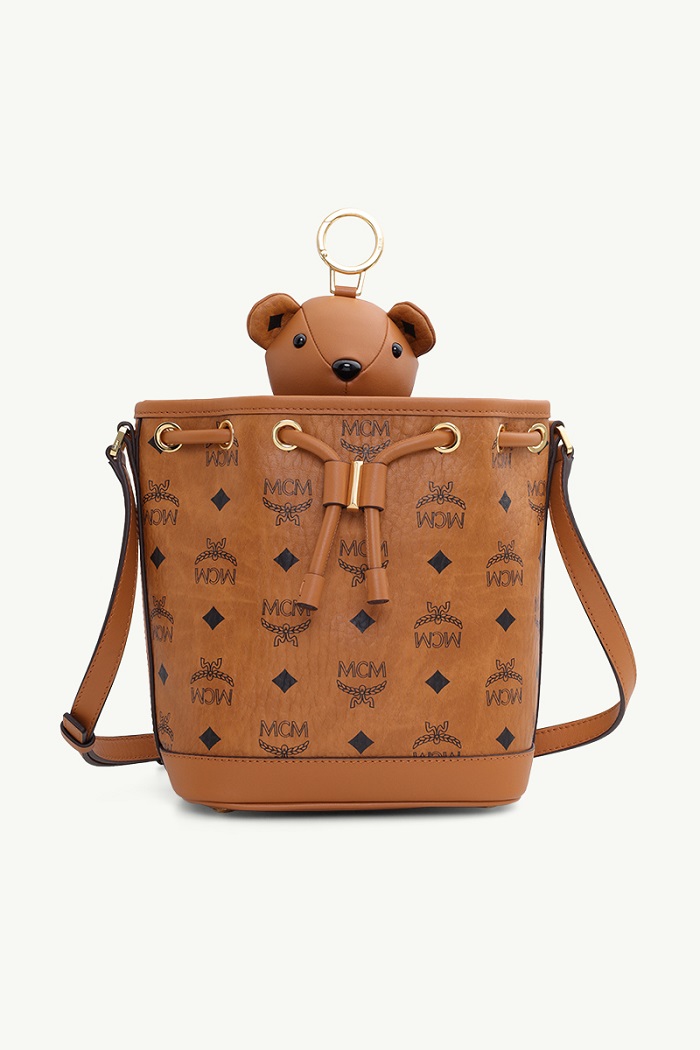 MCM Mini Bear Dessau Drawstring Bag in Cognac Visetos Leather 0
