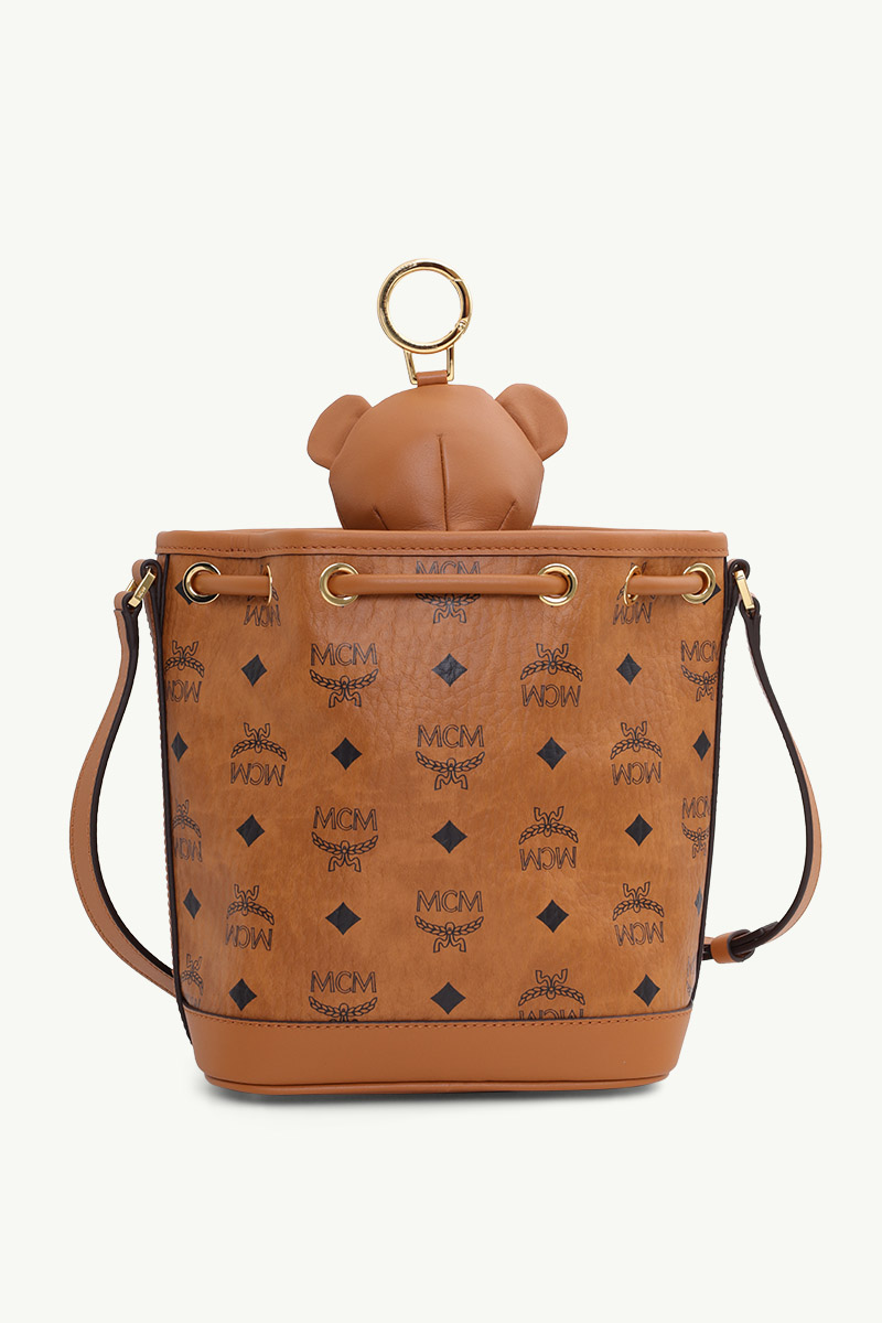 MCM Mini Bear Dessau Drawstring Bag in Cognac Visetos Leather 1