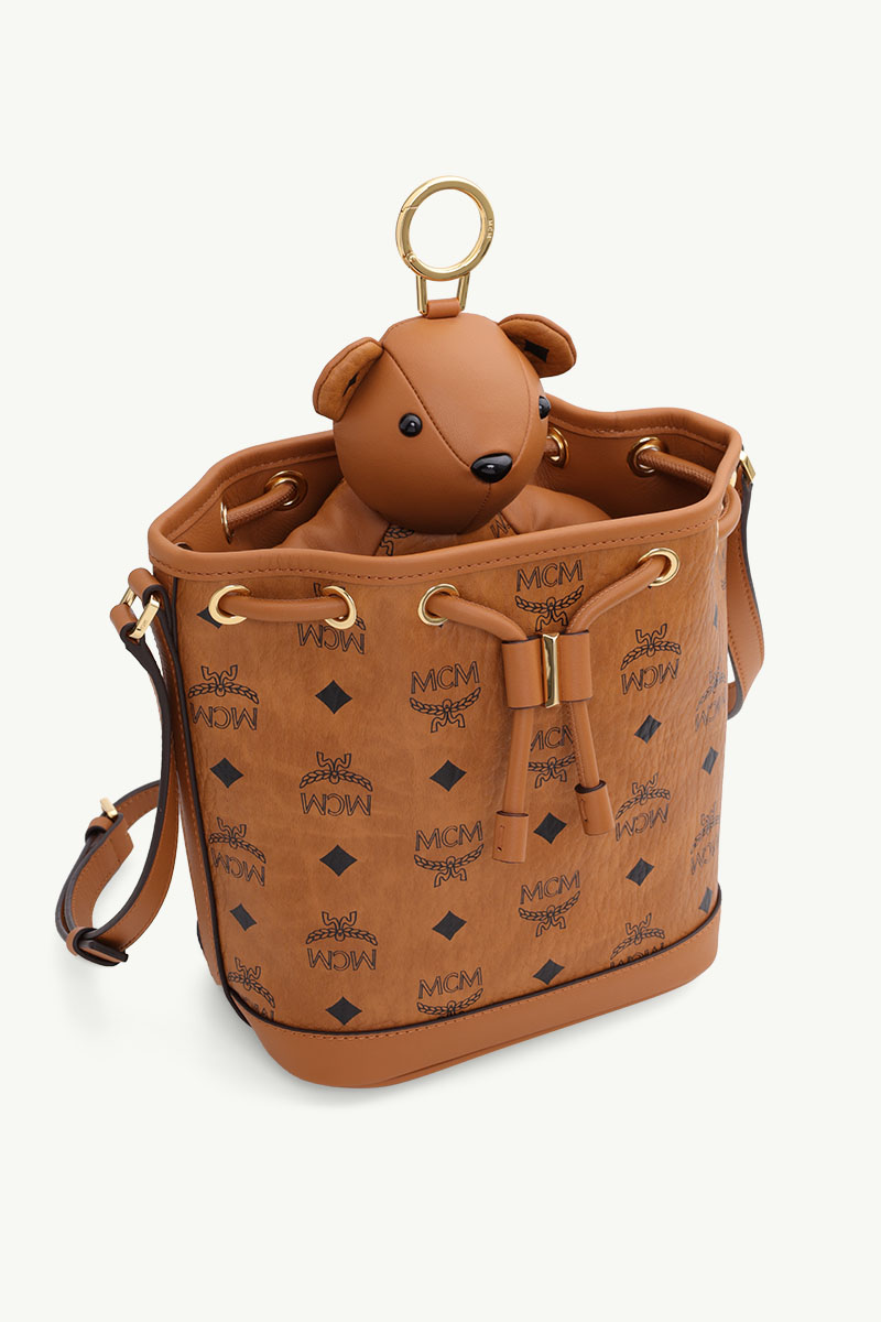 MCM Mini Bear Dessau Drawstring Bag in Cognac Visetos Leather 2