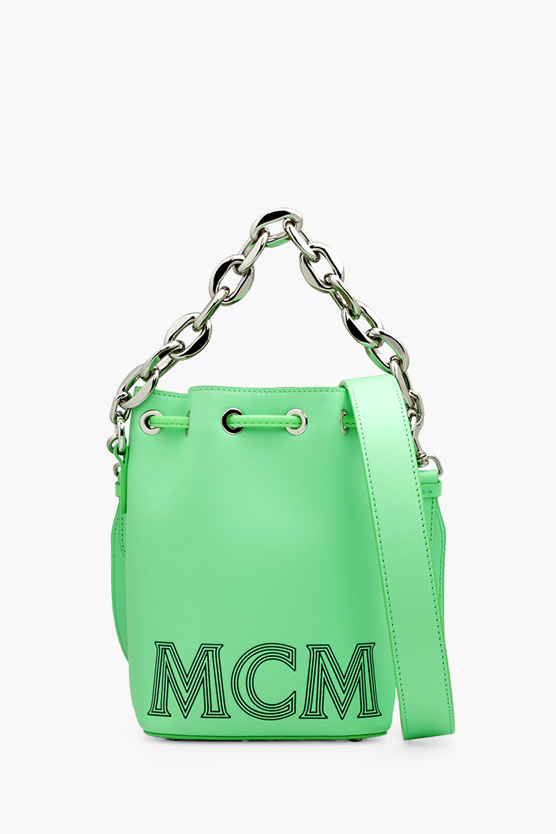 MCM Mini Drawstring Bucket Bag in Summer Green with Chain Handle 0