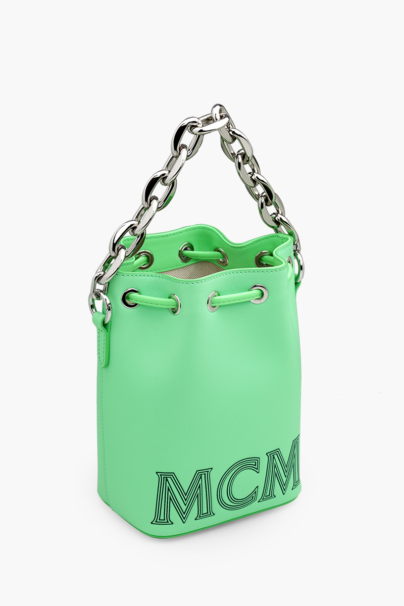 MCM Mini Drawstring Bucket Bag in Summer Green with Chain Handle 2