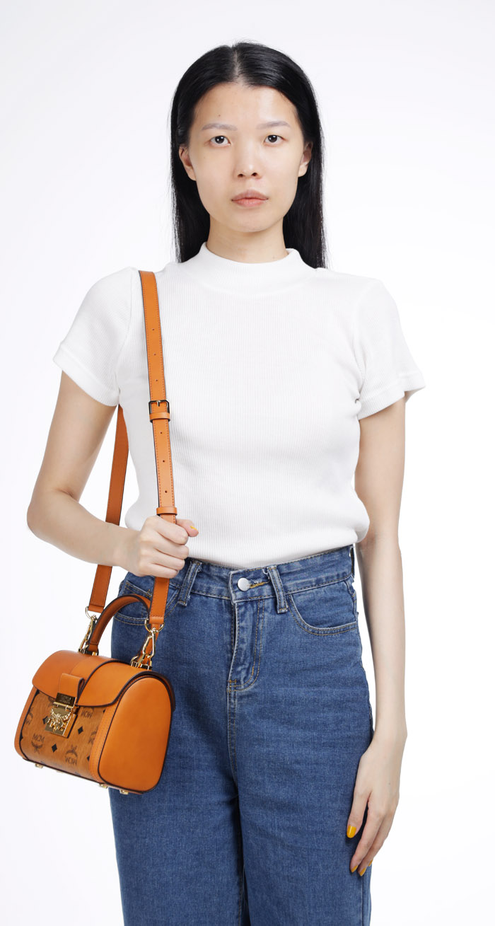 MCM Small Tracy Top Handle Bag in Cognac with Adjustable Strap 4