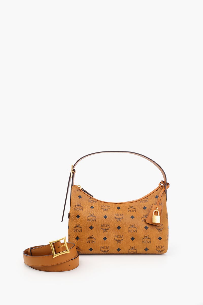 MCM Small Visetos Aren Hobo Shoulder Bag in Cognac 0