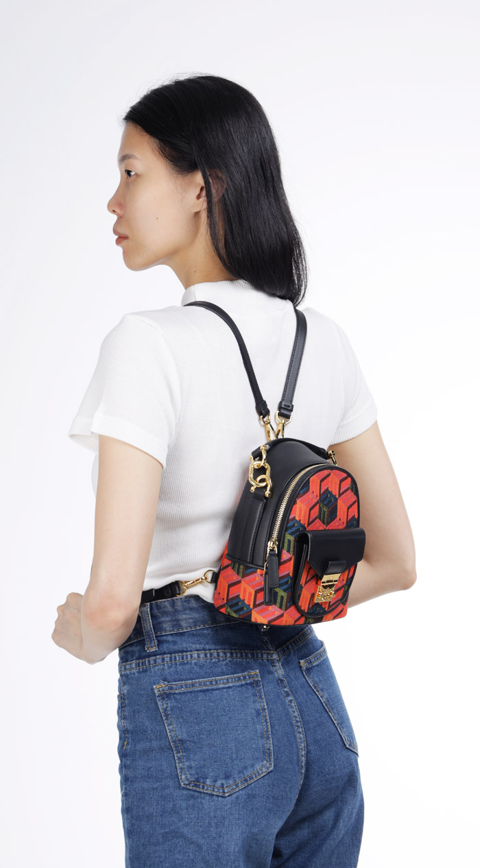 MCM X-Mini Tracy Bebeboo Backpack in Black Multicolor with Cubic Monogram 4