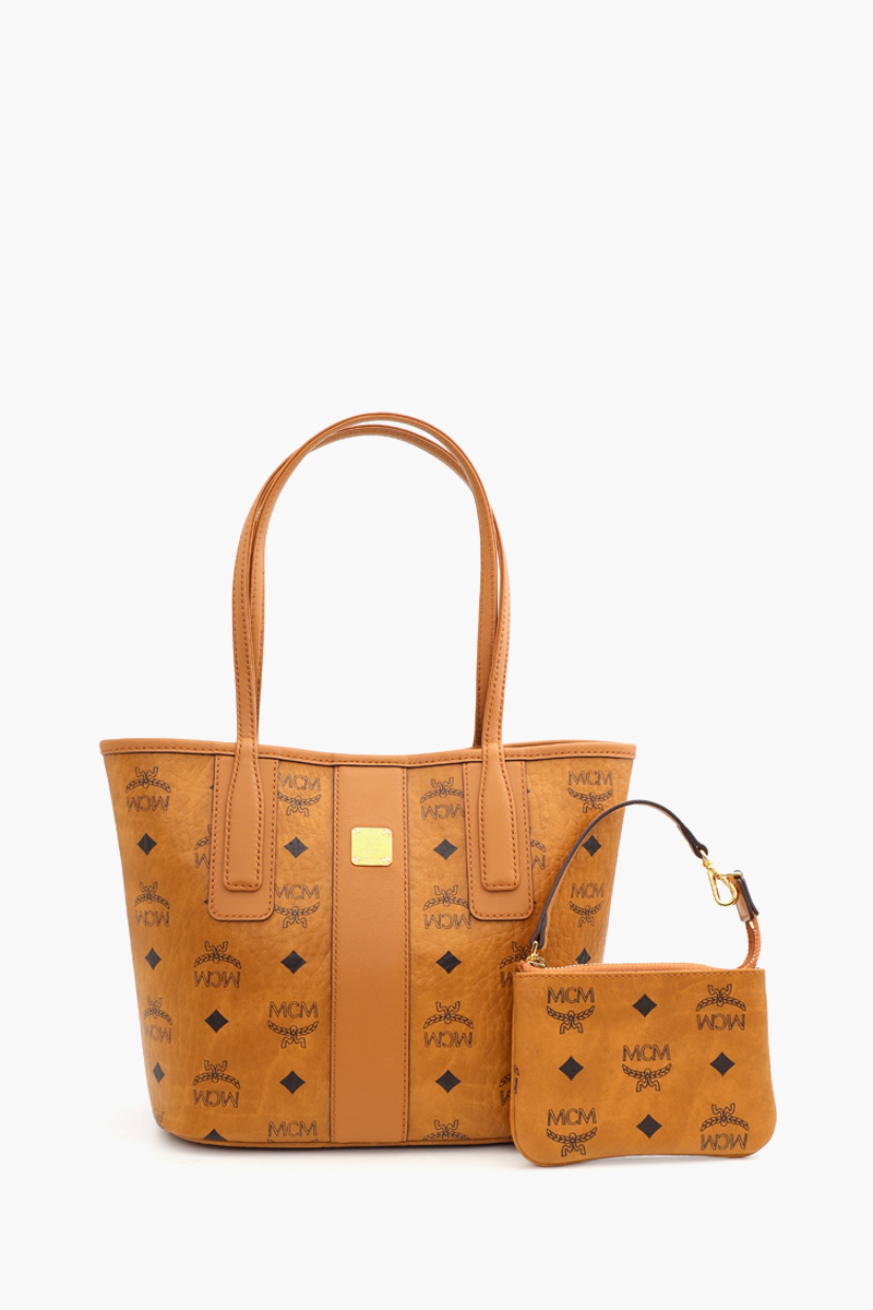 MCM Mini Visetos Liz Reversible Shopper Tote Bag in Cognac with Pouch 0