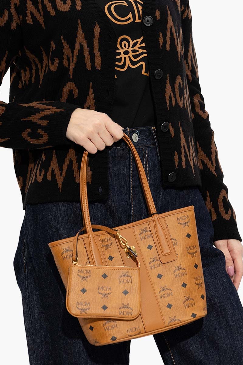 MCM Mini Visetos Liz Reversible Shopper Tote Bag in Cognac with Pouch 3