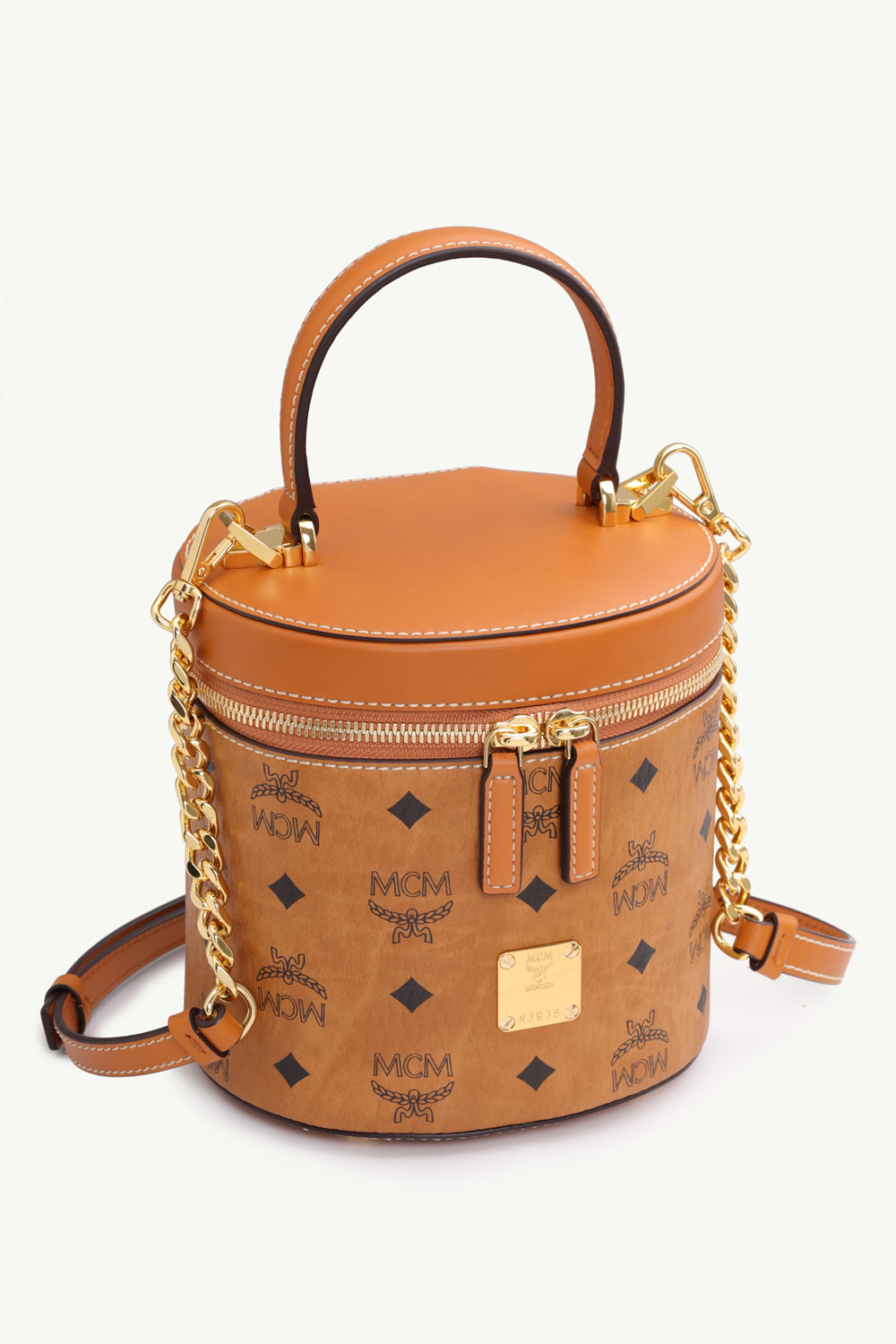 MCM Cylinder Top Handle Chain Crossbody in Cognac 2