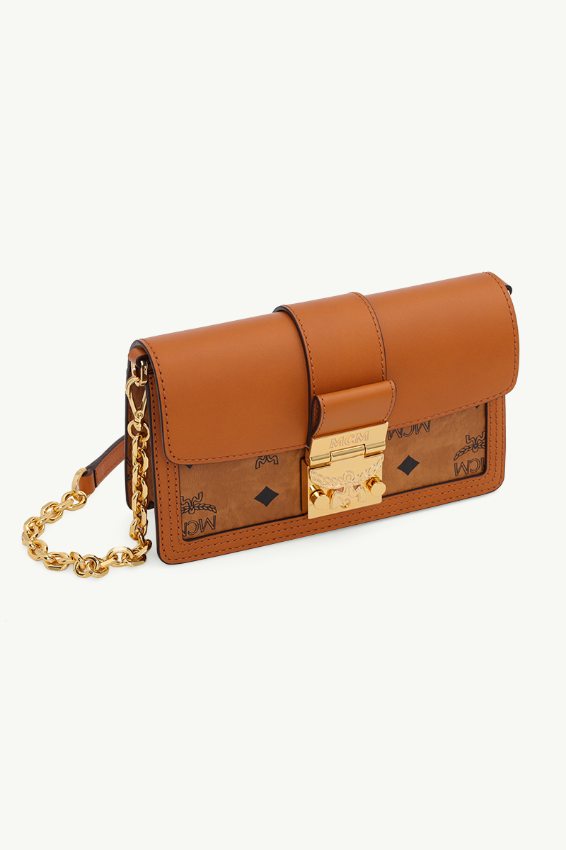 MCM Mini Tracy Chain Crossbody Bag in Cognac Visetos Leather Block 2