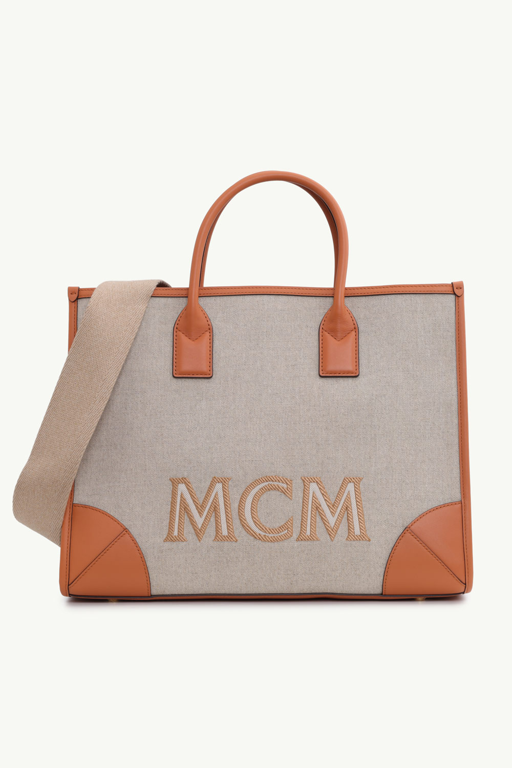 MCM Large München Tote Bag in Cognac Italian Canvas x Spanish Calf with Removable Pouch 0