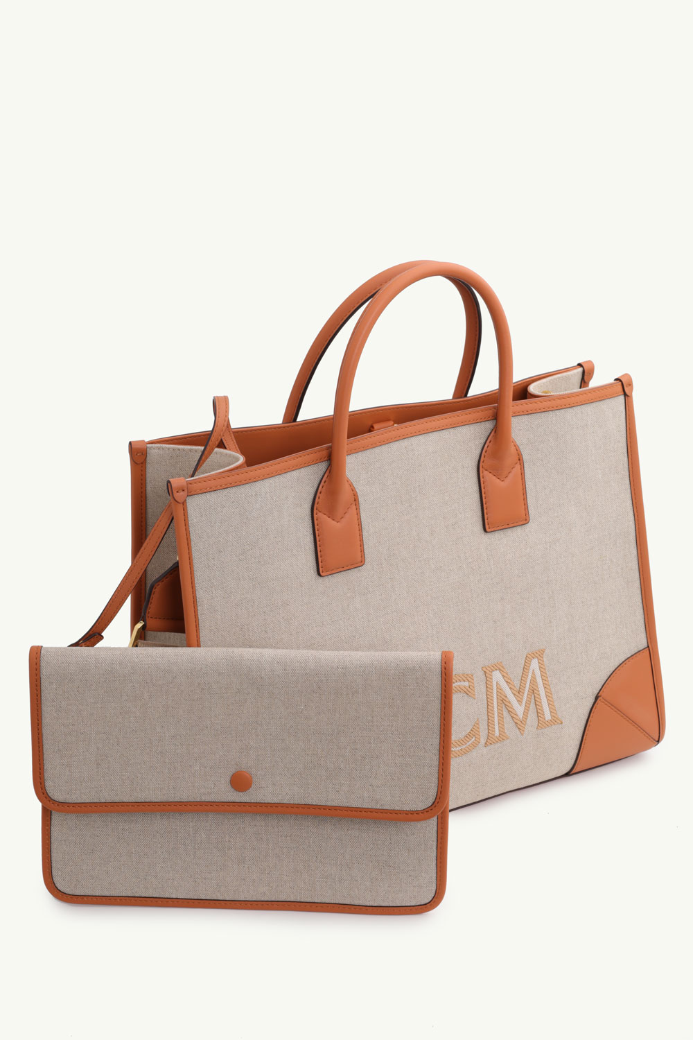 MCM Large München Tote Bag in Cognac Italian Canvas x Spanish Calf with Removable Pouch 2