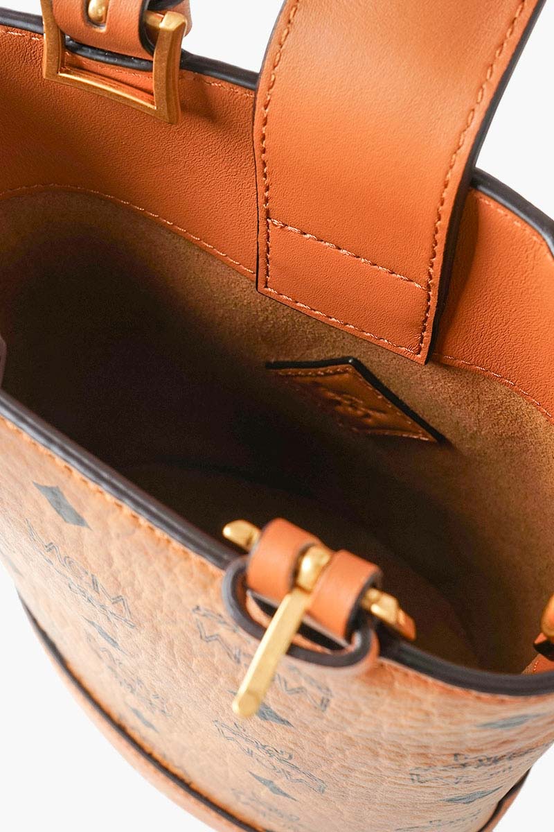 MCM Mini Aren Bucket Tote Bag in Cognac with Shoulder Strap 3