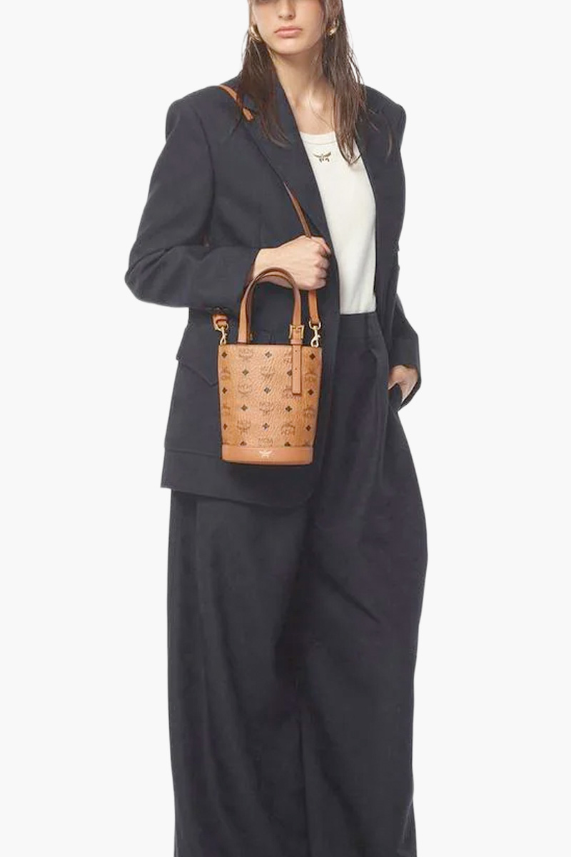 MCM Mini Aren Bucket Tote Bag in Cognac with Shoulder Strap 4