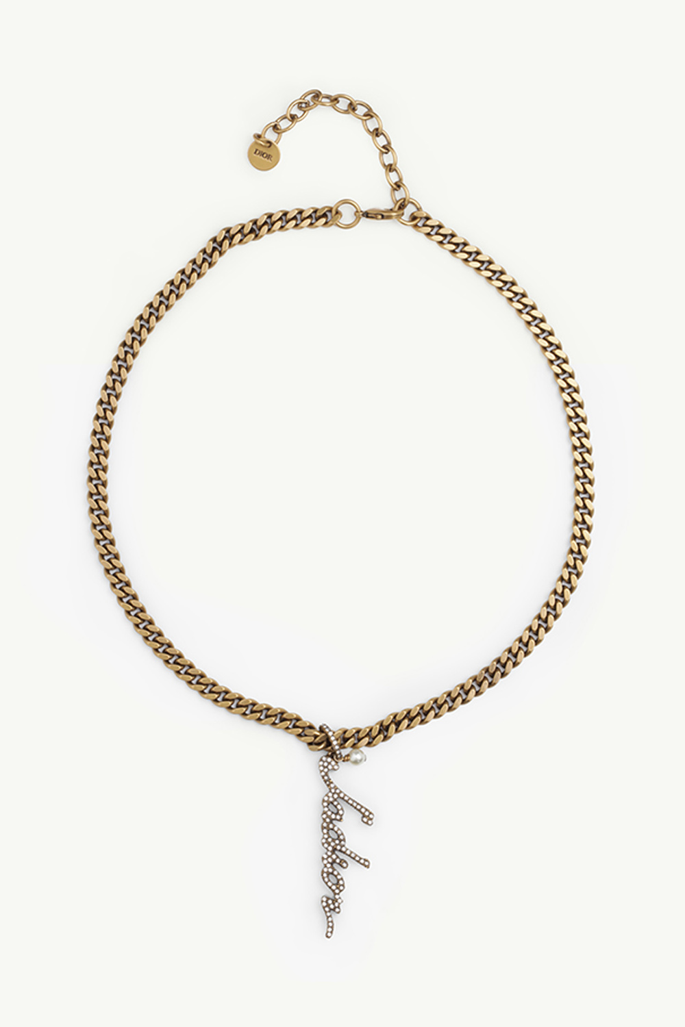 CHRISTIAN DIOR J'adior Signature Chain Necklace Antique Gold Metal with White Resin Pearls and White Crystals 0