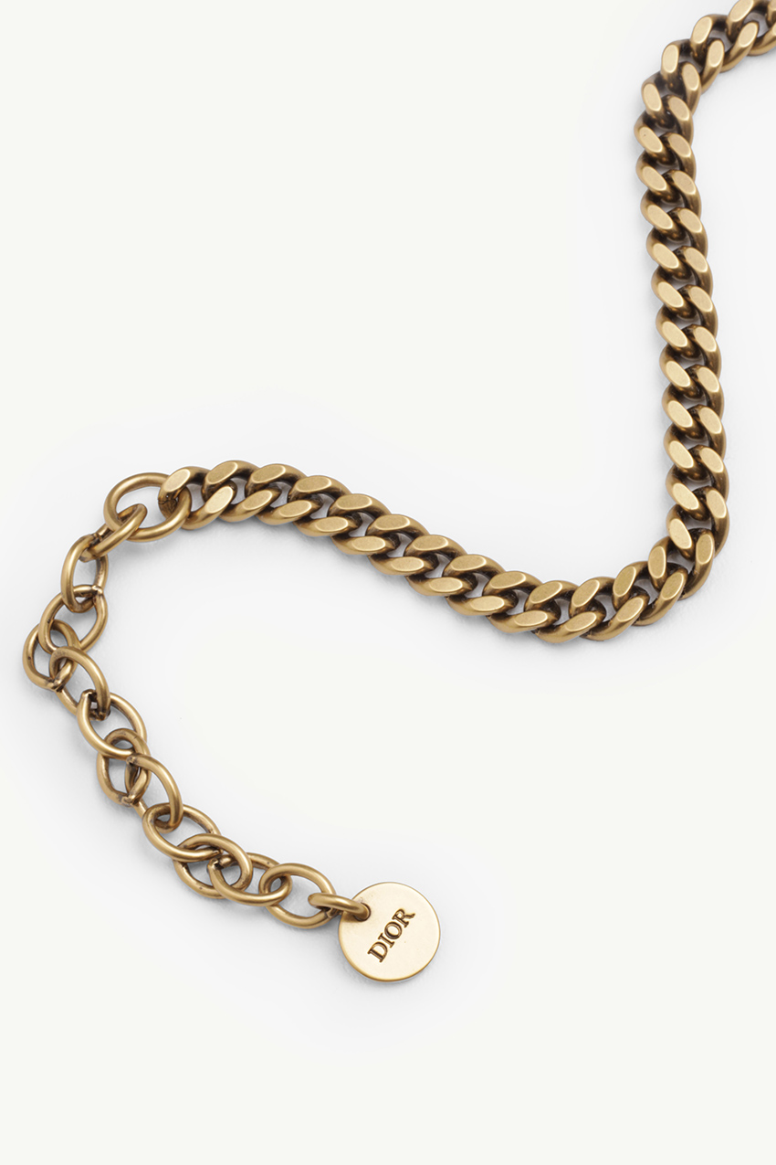 CHRISTIAN DIOR J'adior Signature Chain Necklace Antique Gold Metal with White Resin Pearls and White Crystals 1