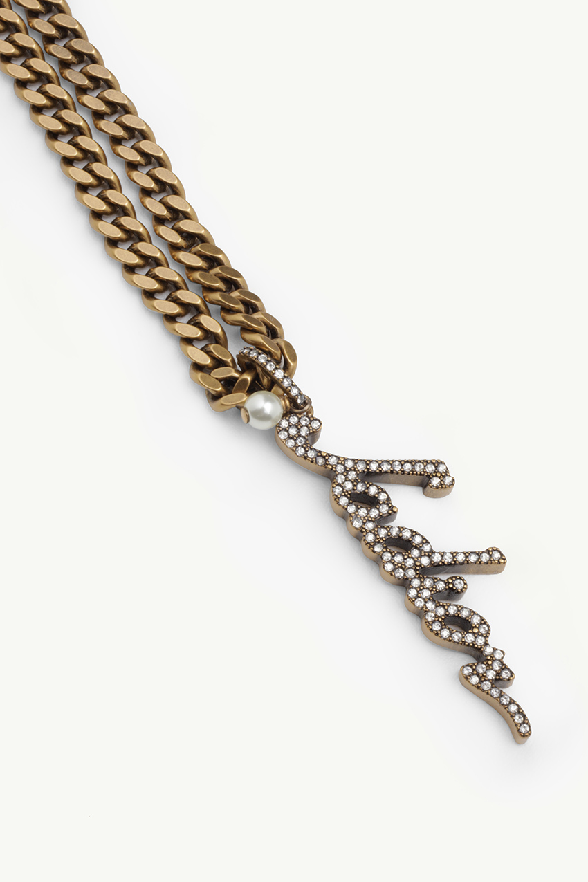 CHRISTIAN DIOR J'adior Signature Chain Necklace Antique Gold Metal with White Resin Pearls and White Crystals 2