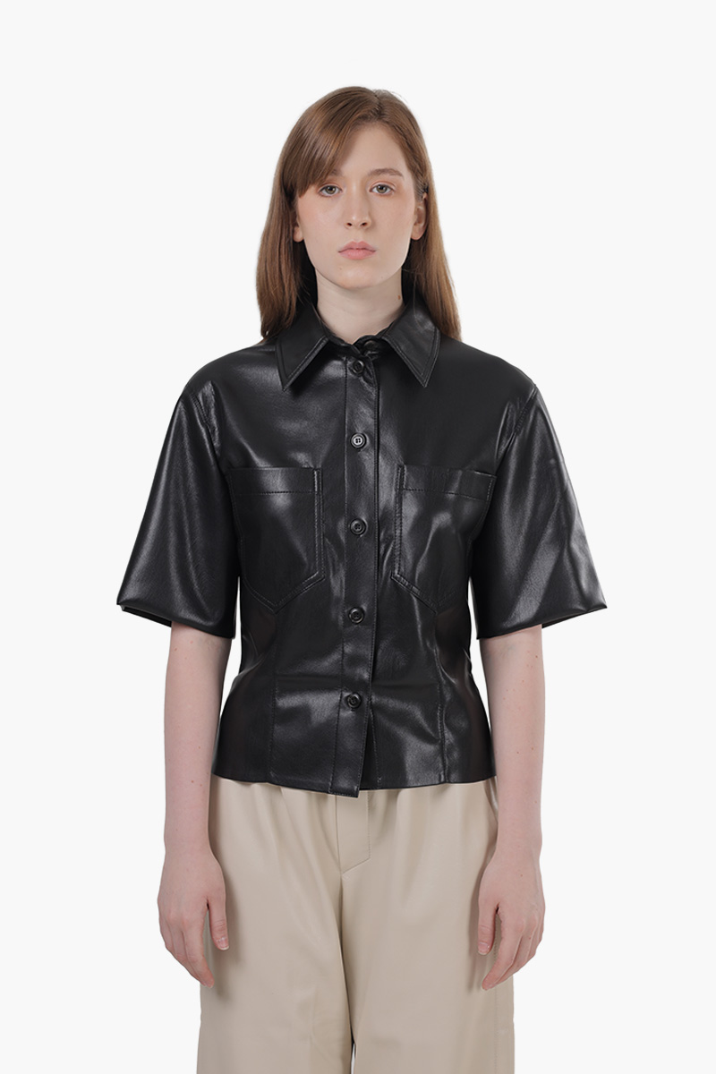 NANUSHKA Women Sabine Strong Shoulder Fitted Shirt in Black Okobor Alt-Leather 0