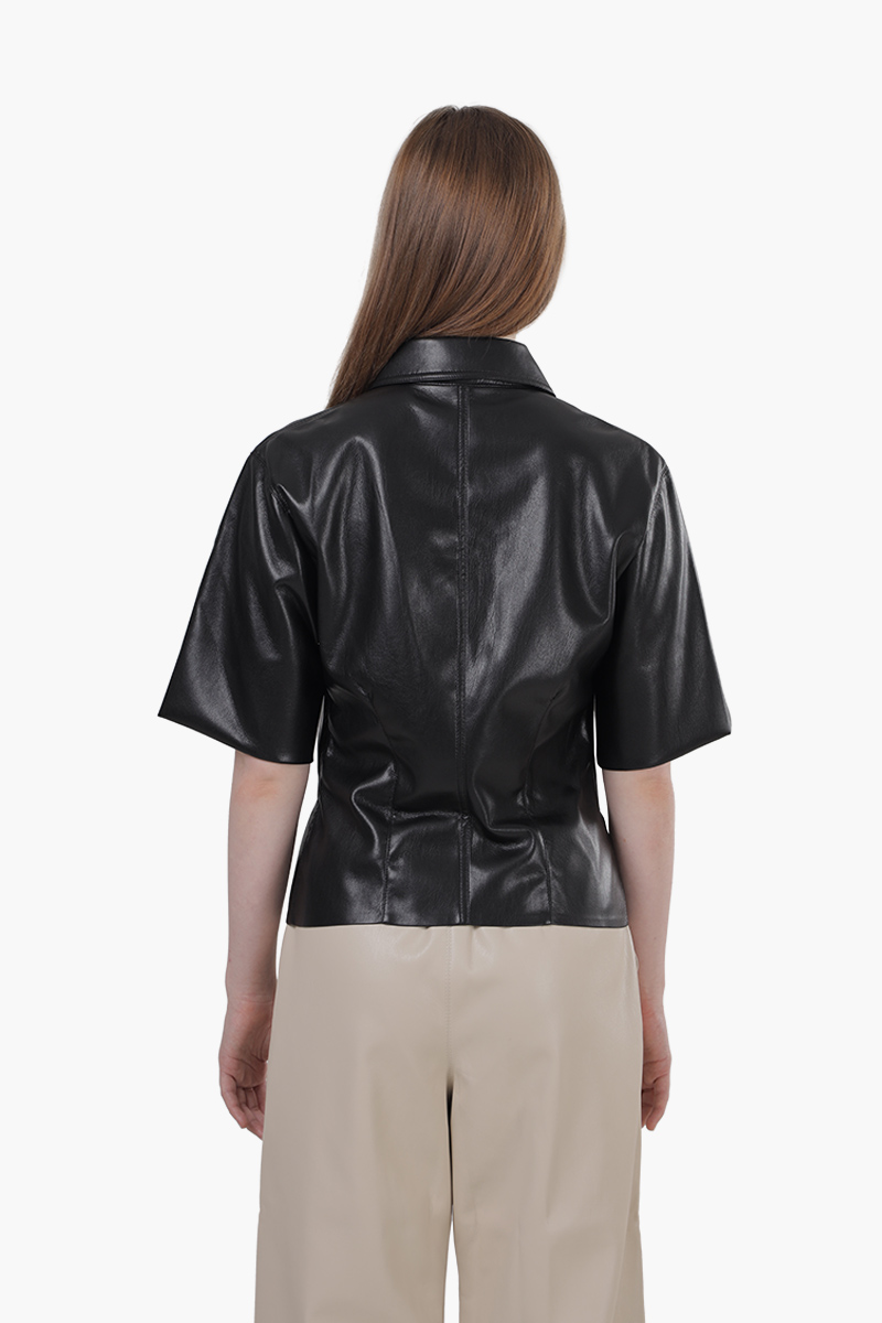 NANUSHKA Women Sabine Strong Shoulder Fitted Shirt in Black Okobor Alt-Leather 1